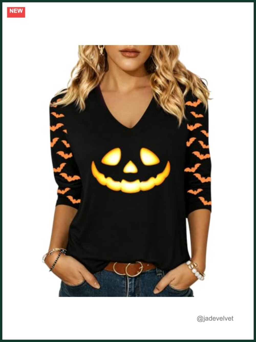 Women Halloween V Neck 3/4 Sleeve Graphic Tee Spook Season Top